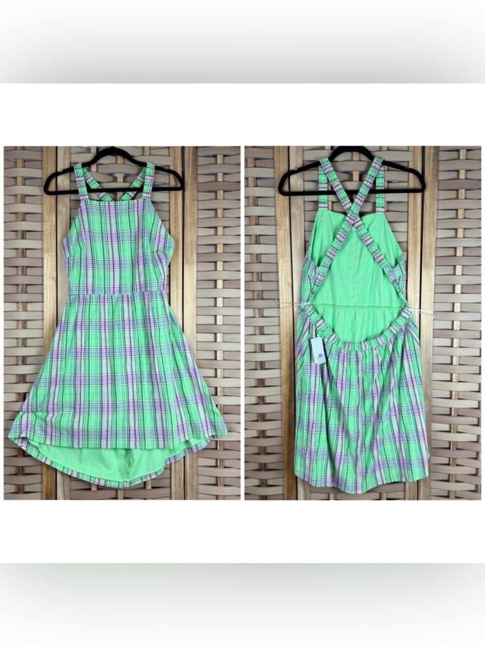 BP NORDSTROM Plaid Apron Overall Criss Cross Open Low Back Mini Dress